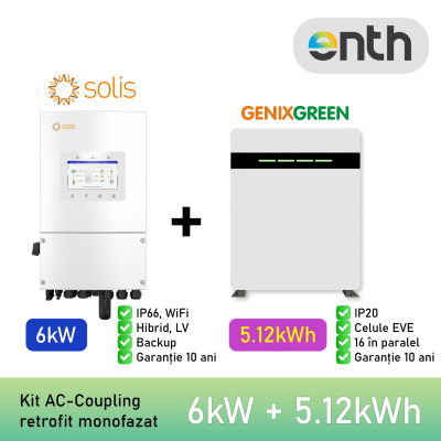 Kit AC-Coupling (retrofit sistem fotovoltaic existent): Invertor monofazat 6kW hibrid SOLIS + baterie 5.12kWh GENIXGREEN