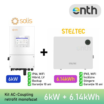 Kit AC-Coupling (retrofit sistem fotovoltaic existent): Invertor monofazat 6kW hibrid SOLIS + baterie 6.14kWh STELTEC