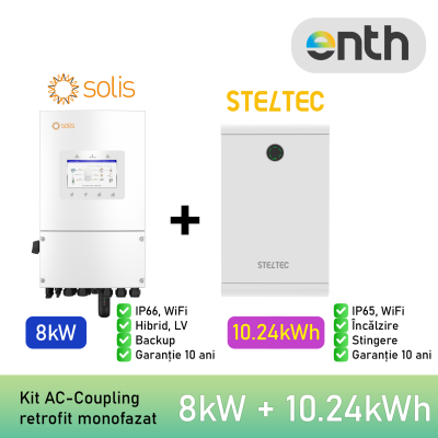 Kit AC-Coupling (retrofit sistem fotovoltaic existent): Invertor monofazat 8kW hibrid SOLIS + baterie 10.24kWh STELTEC