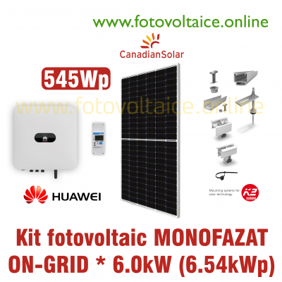 Kit fotovoltaic monofazat ON-GRID 6.54kWp (HUAWEI, CANADIAN Solar 545Wp, K2 Systems)