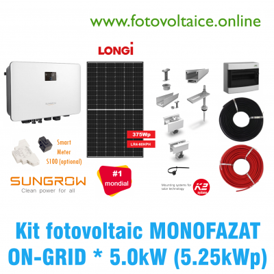Kit fotovoltaic monofazat ON-GRID 5.25kWp (SUNGROW, LONGi, K2 Systems)